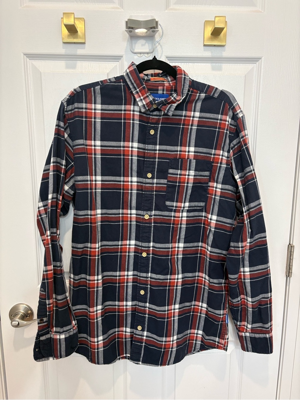 Jack Jones Men's Plaid Button-Down Shirt - Navy and Red #1430